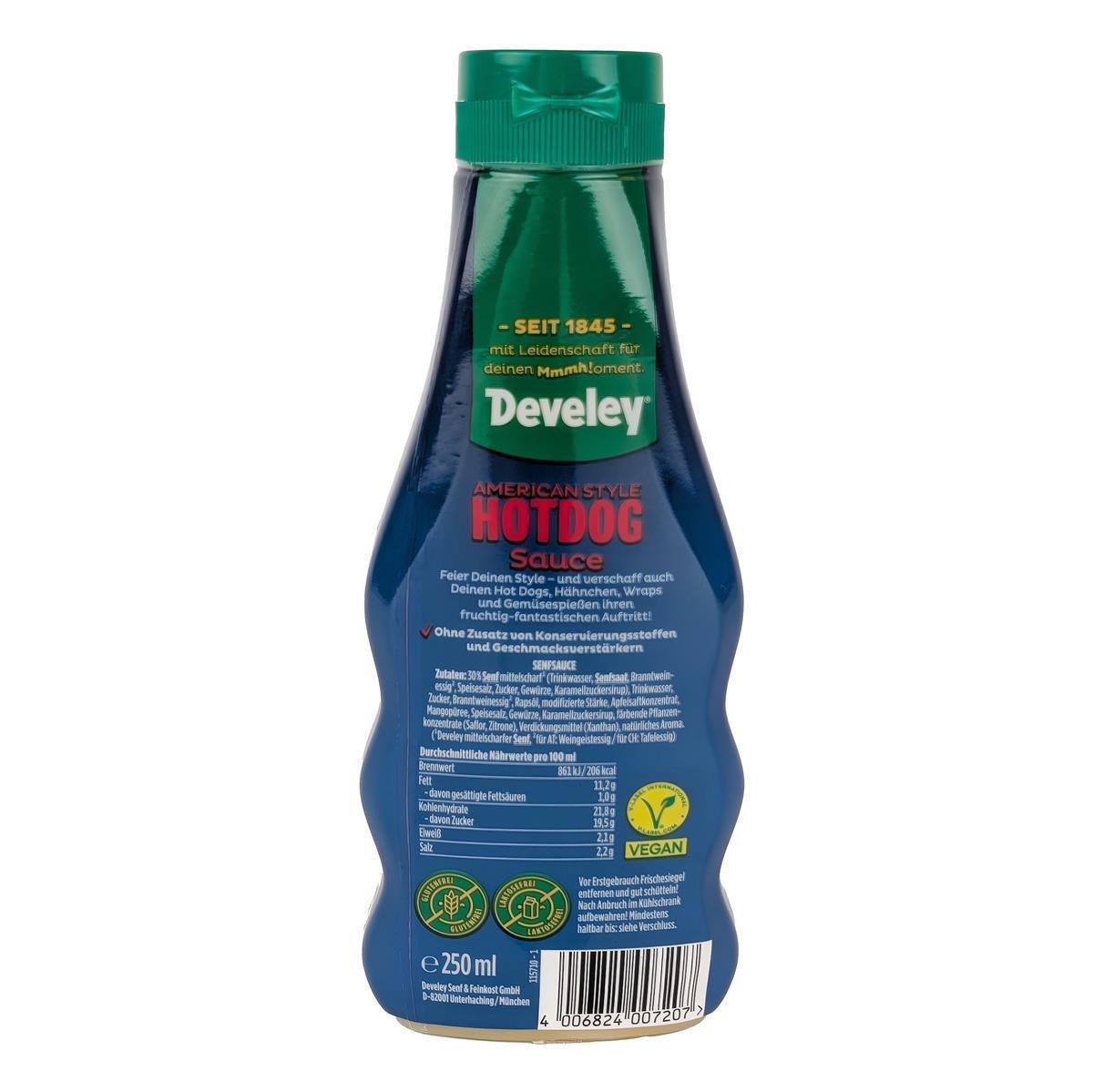 DEVELEY Hotdog Sauce American Style würzige Senfsauce vegan für Hot-Dogs Sandwiches 6x 250ml