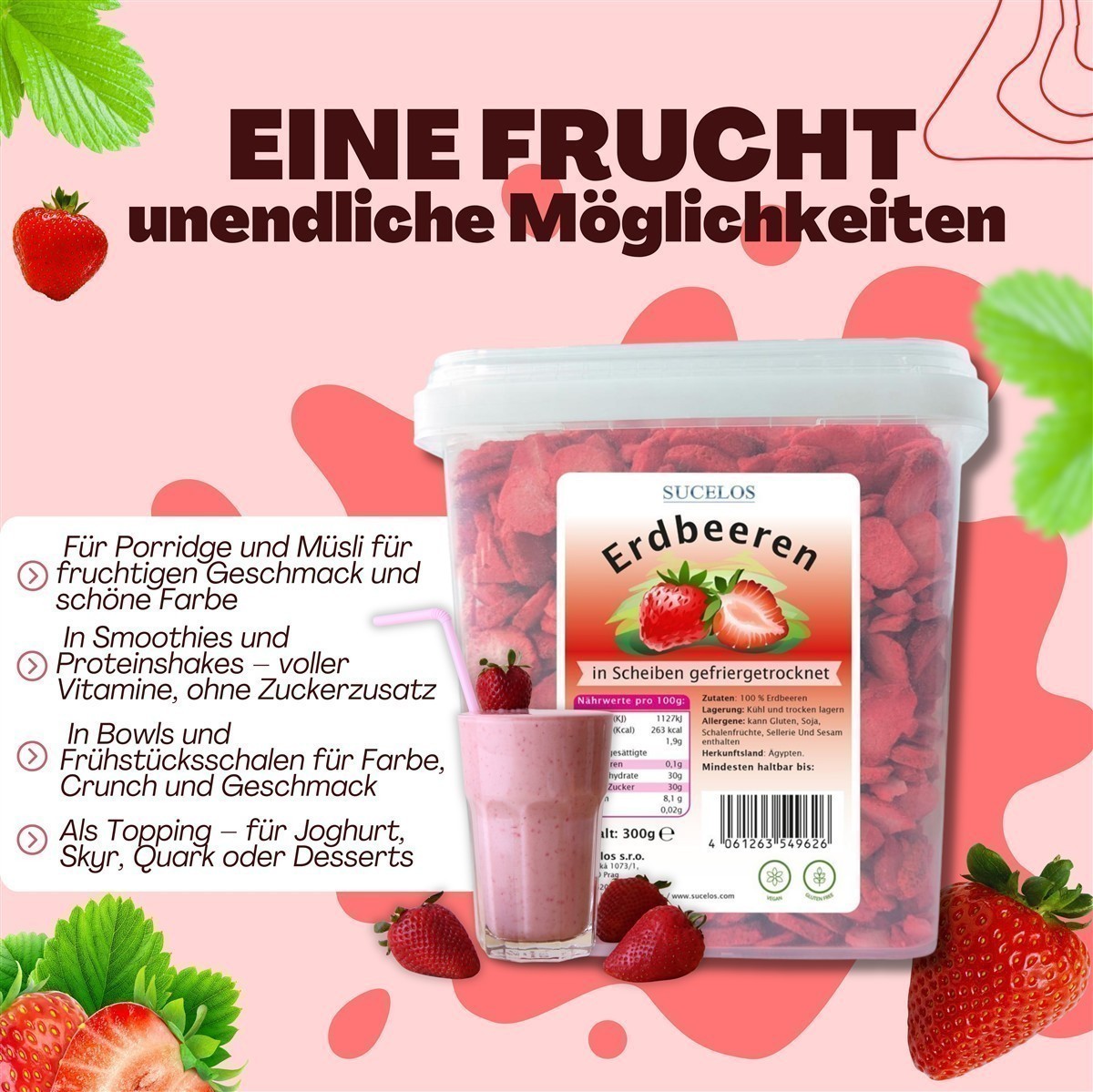 Sucelos Gefriergetrocknete Erdbeeren 1x 300g knusprige Erdbeerscheiben