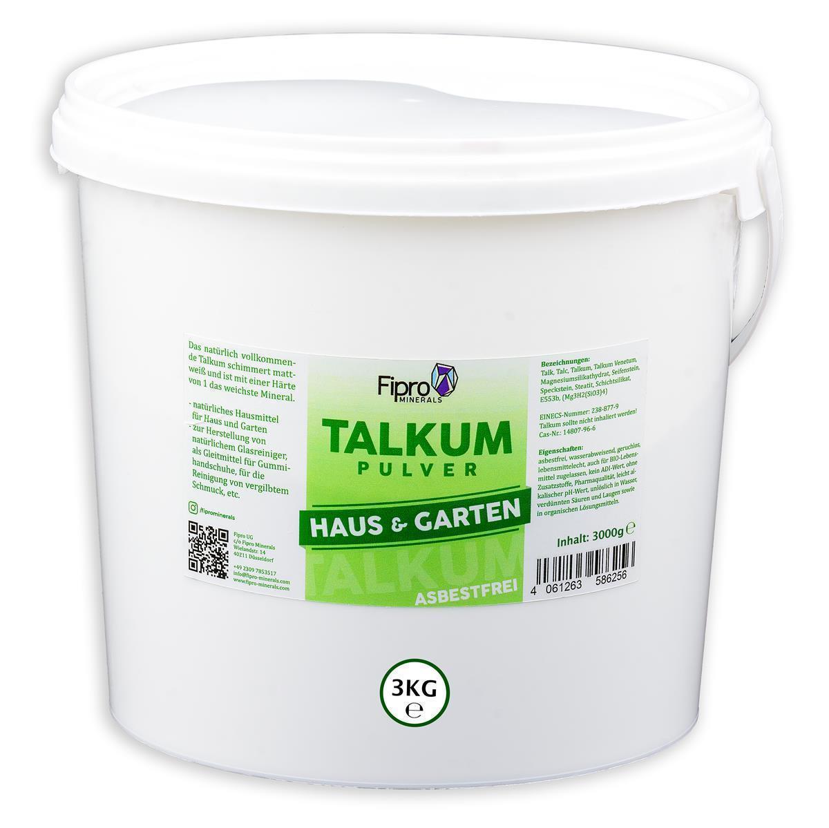 TALKUMPULVER für Haus und Garten 3kg Eimer Talkum-Puder aus 100% Talk, Asbestfrei und ohne Zusatzstoffe geeignet für die Reinigung von Fensterscheiben, entfetten von Lederschuhen, Teppichreinigung, vorbeugend gegen Rost und Verschleiß von Gartengerä