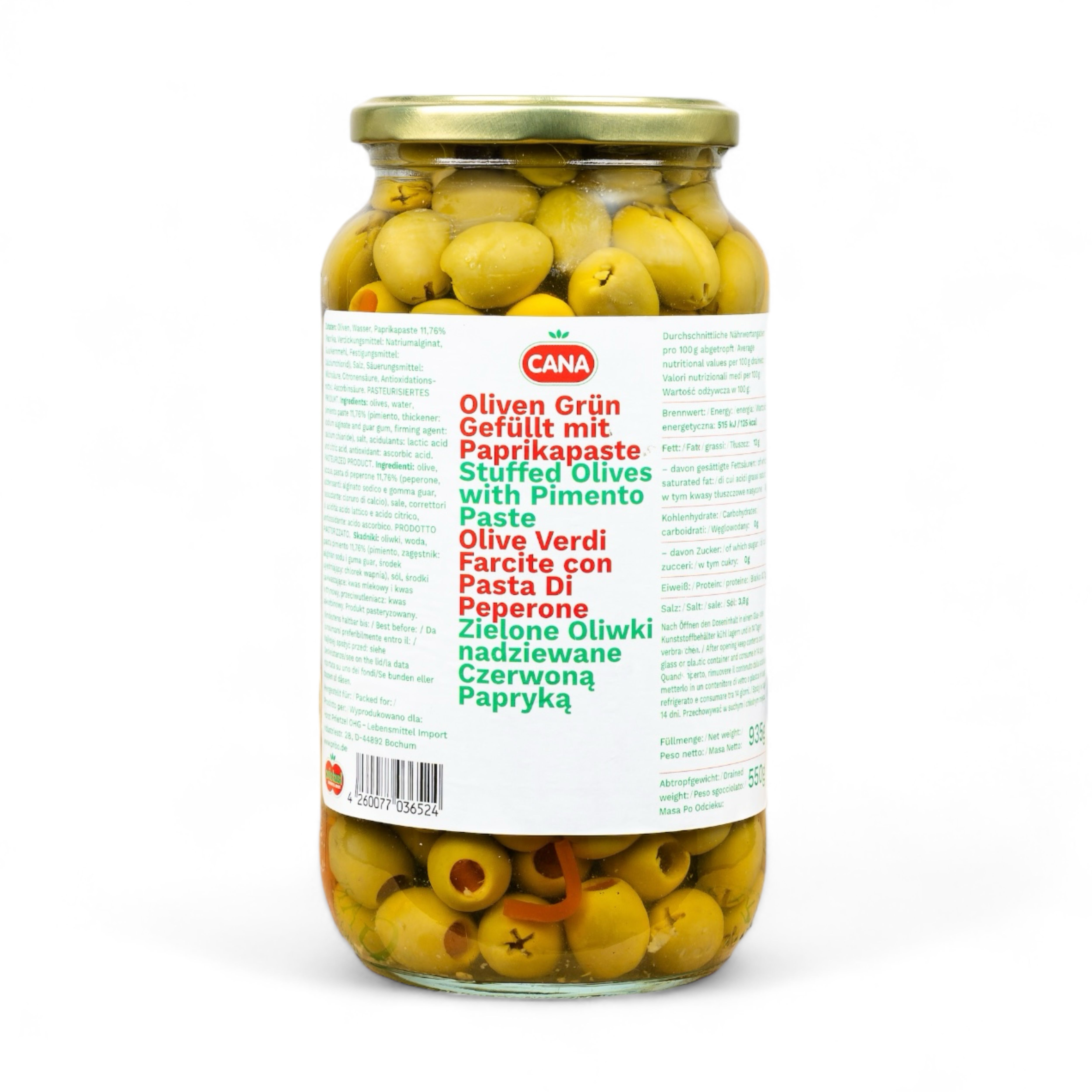 CANA Grüne Oliven gefüllt mit Paprikapaste 6x 935g Glas aus Spanien
